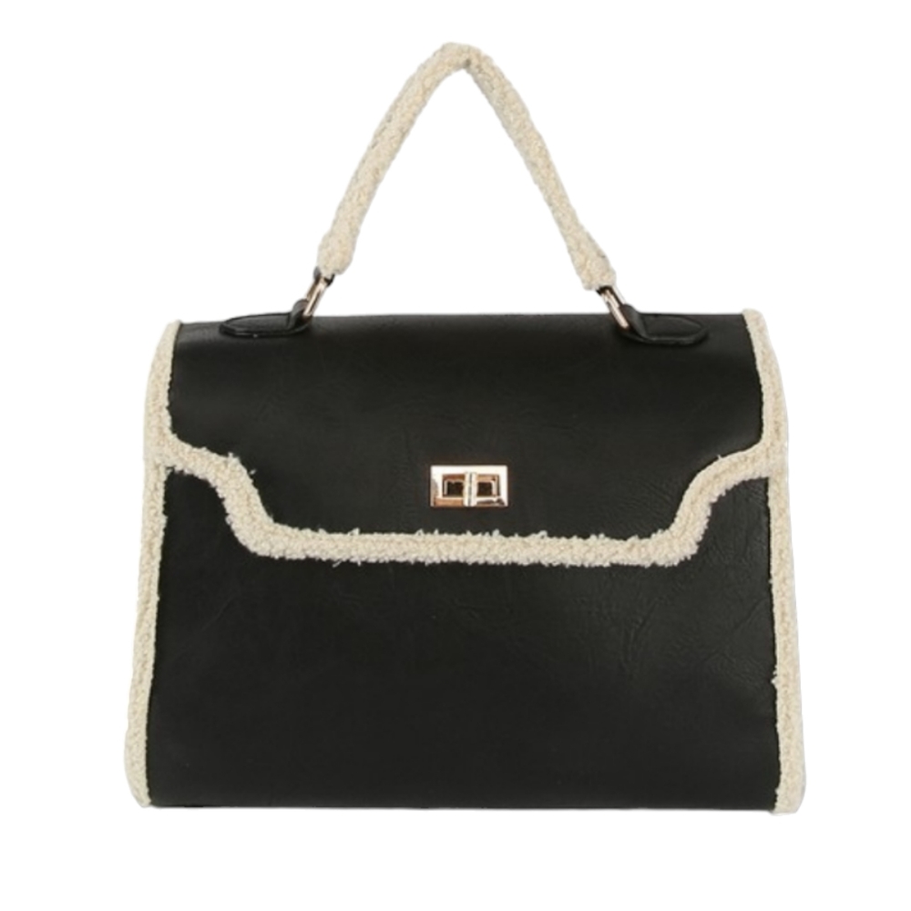Black Sherpa Trim Top Handle Vegan Leather Handbag NWT